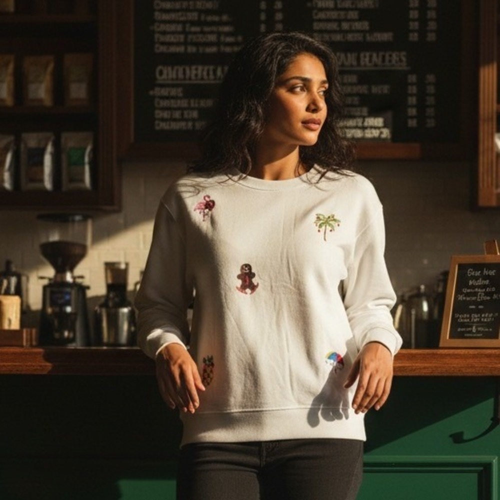 Jane & Delancey L White Embroidered Sweatshirt Flamingo Gingerbread Holiday NWT